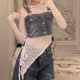 Asymmetrical Lace Crop Top / Denim Wide Strap Crop Top