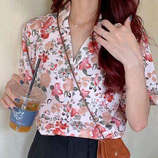 Short-sleeve Floral Chiffon Shirt As Shown In Figure - One Size