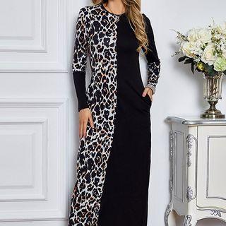 Panel Leopard Print Long-sleeve Maxi Shift Dress