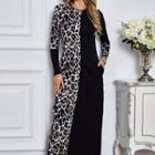 Panel Leopard Print Long-sleeve Maxi Shift Dress