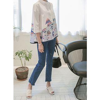 Mandarin-collar 3/4-sleeve Embroidered Shirt