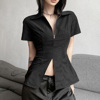 Short-sleeve Collar Half-zip Top