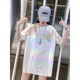Elbow-sleeve Holographic T-shirt