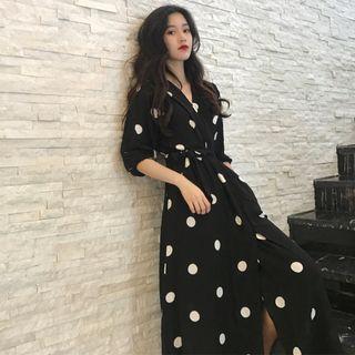 Dotted 3/4-sleeve Midi A-line Dress As Shown In Figure - One Size