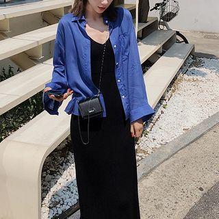 Spaghetti Strap Midi Sheath Knit Dress / Long-sleeve Shirt