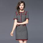 Short-sleeve Piped Plaid Dress