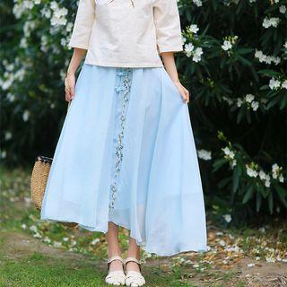 Flower Embroidered Midi Chiffon Skirt