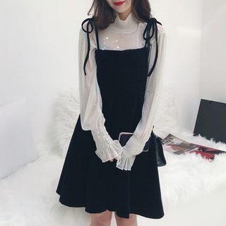 Set: Plain Blouse + Mini Pinafore Dress As Shown In Figure - One Size