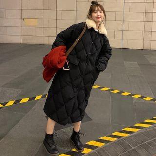 Fluffy Collar Quilted Long Button Coat