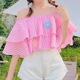 Off-shoulder Striped Tiered Crop Top Pink - One Size
