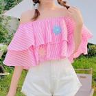 Off-shoulder Striped Tiered Crop Top Pink - One Size