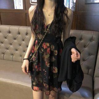 Flower Print Spaghetti-strap Dress Black - One Size