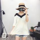Shoulder-cutout V-neck Elbow-sleeve Knitted Top
