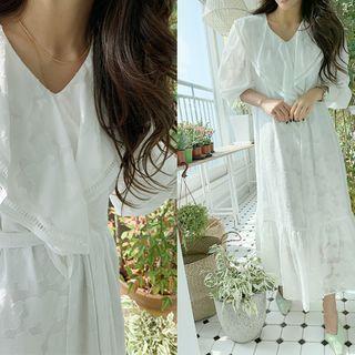 Ruffled Lace Long Dress With Sash Ivory - One Size