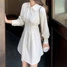 Long-sleeve Collar Plain Single Breasted Mini A-line Dress
