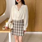 Chiffon Ruffled-trim Shirt / High-waist Plaid A-line Skirt