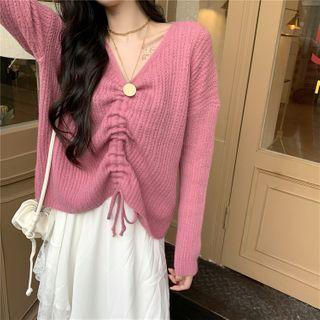 Long-sleeve V-neck Plain Drawstring Knit Sweater
