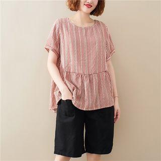 Short-sleeve Gingham Tunic Top Red - One Size