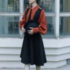 Set: Bow Neck Blouse + Sleeveless Midi A-line Dress