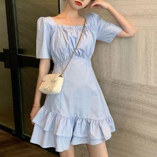 Elbow-sleeve Ruffle Hem Mini A-line Dress