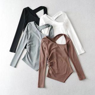 Long-sleeve Cutout Plain Ruched Top