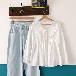 Plain Ruffled-trim Panel V-neck Flare-sleeve Top White - One Size