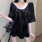 Elbow-sleeve Sequined T-shirt As Shown In Figure - One Size
