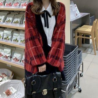 Long-sleeve Tie Neck Shirt / Plaid Knit Cardigan / Plain Pleated Mini Skirt