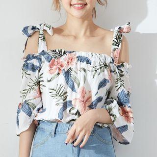Flower Print Short-sleeve Cold-shoulder Top