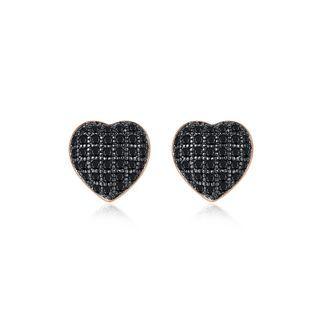 Fashion Romantic Plated Rose Gold Heart-shaped Stud Earrings With Black Cubic Zirconia Rose Gold - One Size