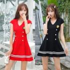 Short-sleeve Embroidered Tag Striped Trim A-line Mini Dress