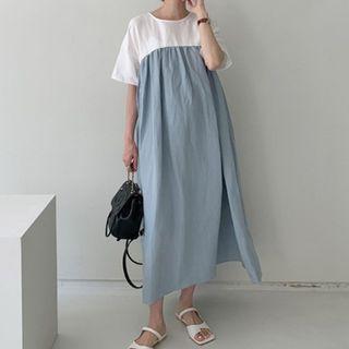 Short-sleeve Slit Midi Smock Dress