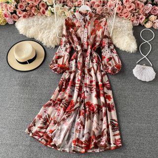 Puff Sleeve Floral Print Chiffon Maxi Dress As Shown In Figure - One Size