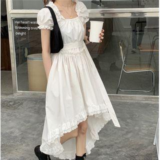 Short-sleeve Plain A-line Midi Dress White - One Size