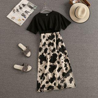 Set: Short-sleeve T-shirt + Print Midi A-line Skirt