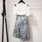 Set: Elbow-sleeve Cold Shoulder Top + Floral Print A-line Skirt