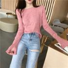 Long-sleeve Slit Cuff Boatneck Ribbed Sweater