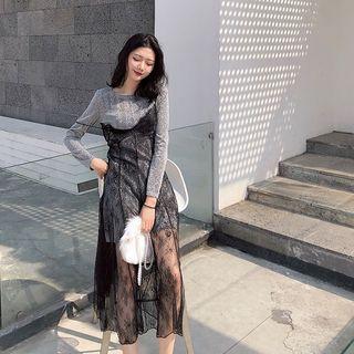 Set: Glittered Long-sleeve Dress + Mesh Slipdress
