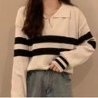 Long-sleeve Open Collar Striped Knit Top