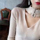Halter V-neck Slim-fit Long-sleeve Knit Top