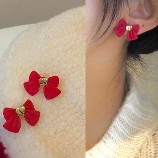 Ribbon Ear Stud 1 Pair - 1148a# - Red & Gold - One Size