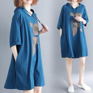 Printed 3/4-sleeve Mini Hoodie Dress