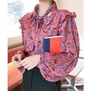 Tie-neck Pleated-sleeve Floral Print Blouse Pink - One Size