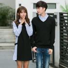 Couple Matching Striped Panel Long-sleeve Dress / Striped Panel Pullover