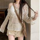 Crop Knit Camisole Top / Cold-shoulder Crochet Lace Top / Low Rise Pencil Skirt / Set