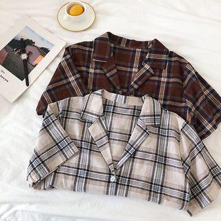 Color-block Plaid Single-breasted Short-sleeve Top