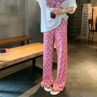 Heart Print Wide Leg Pants Pink - One Size