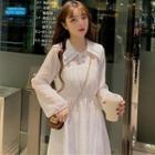 Long-sleeve A-line Midi Chiffon Dress White - One Size