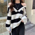 Mock Two-piece Cold-shoulder Striped Sweater