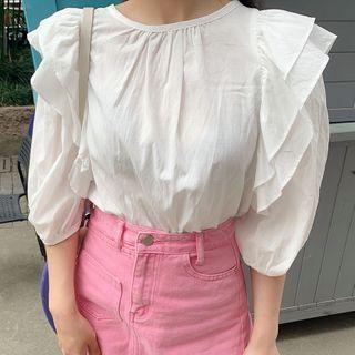 Ruffled Balloon-sleeve Blouse White - One Size